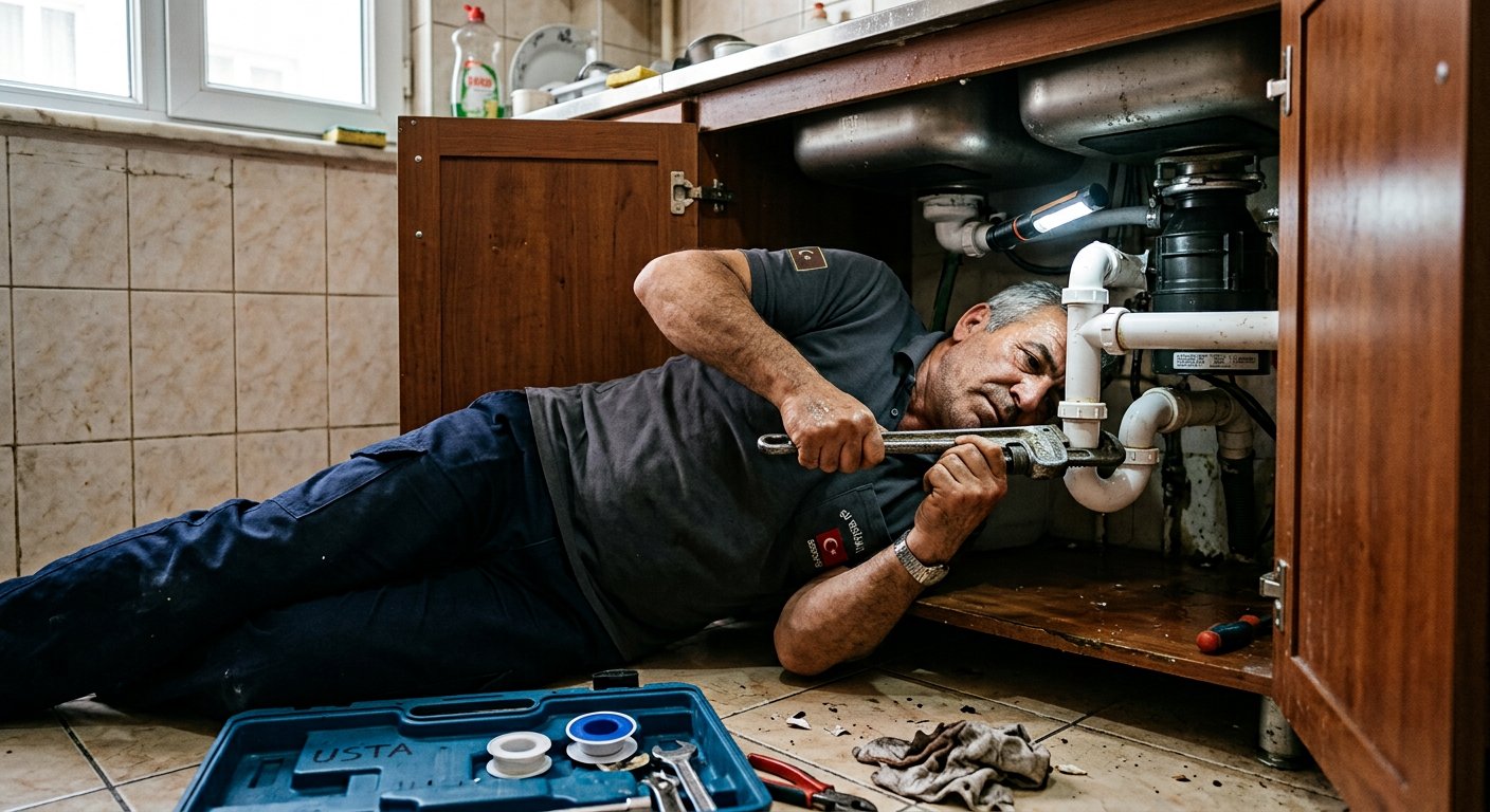 Lavabo altında boru bağlantısını kontrol eden Merdan Su Tesisat ustası